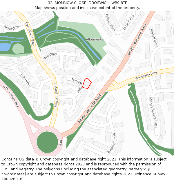 32, MONNOW CLOSE, DROITWICH, WR9 8TF: Location map and indicative extent of plot