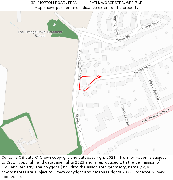 32, MORTON ROAD, FERNHILL HEATH, WORCESTER, WR3 7UB: Location map and indicative extent of plot