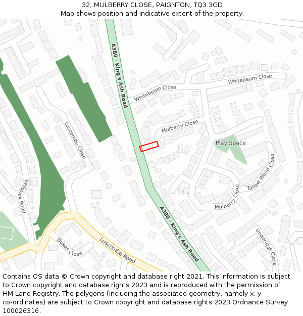 32, MULBERRY CLOSE, PAIGNTON, TQ3 3GD: Location map and indicative extent of plot