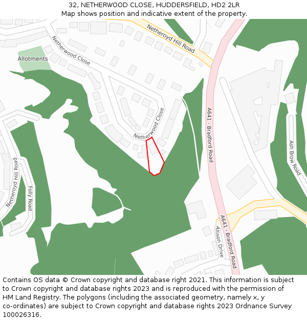32, NETHERWOOD CLOSE, HUDDERSFIELD, HD2 2LR: Location map and indicative extent of plot