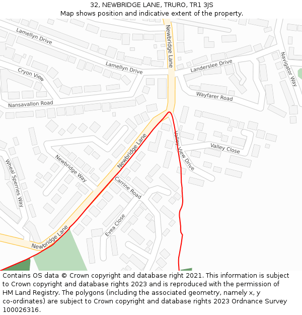 32, NEWBRIDGE LANE, TRURO, TR1 3JS: Location map and indicative extent of plot