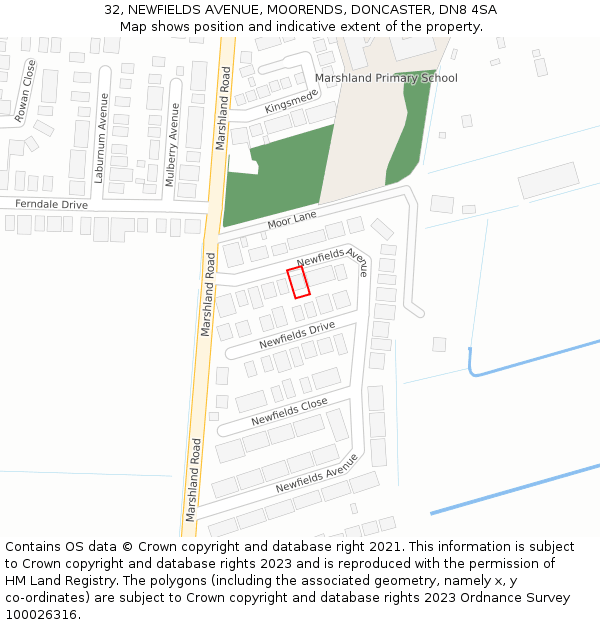 32, NEWFIELDS AVENUE, MOORENDS, DONCASTER, DN8 4SA: Location map and indicative extent of plot