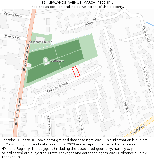32, NEWLANDS AVENUE, MARCH, PE15 8NL: Location map and indicative extent of plot