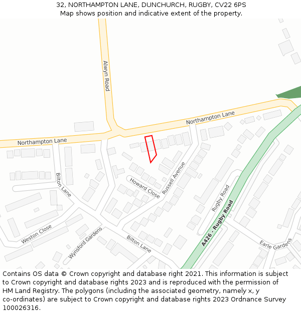 32, NORTHAMPTON LANE, DUNCHURCH, RUGBY, CV22 6PS: Location map and indicative extent of plot