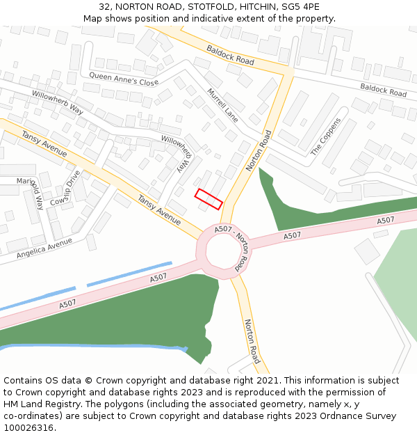 32, NORTON ROAD, STOTFOLD, HITCHIN, SG5 4PE: Location map and indicative extent of plot