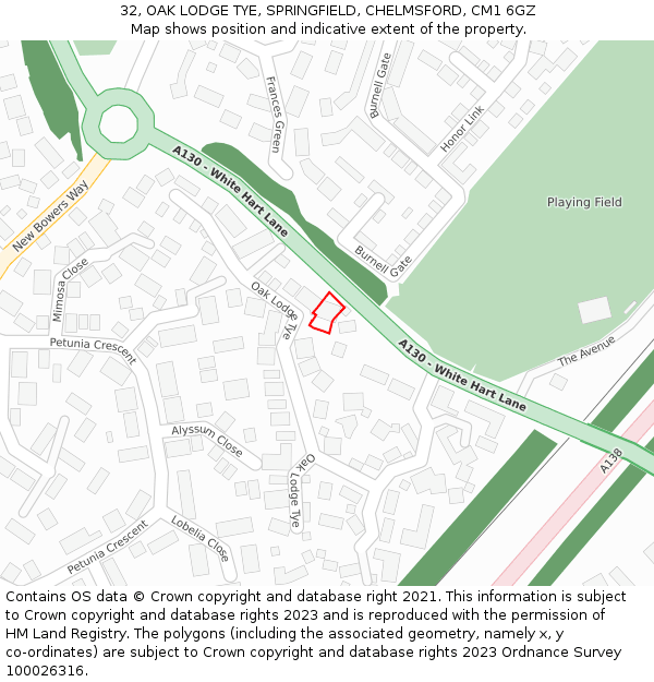 32, OAK LODGE TYE, SPRINGFIELD, CHELMSFORD, CM1 6GZ: Location map and indicative extent of plot