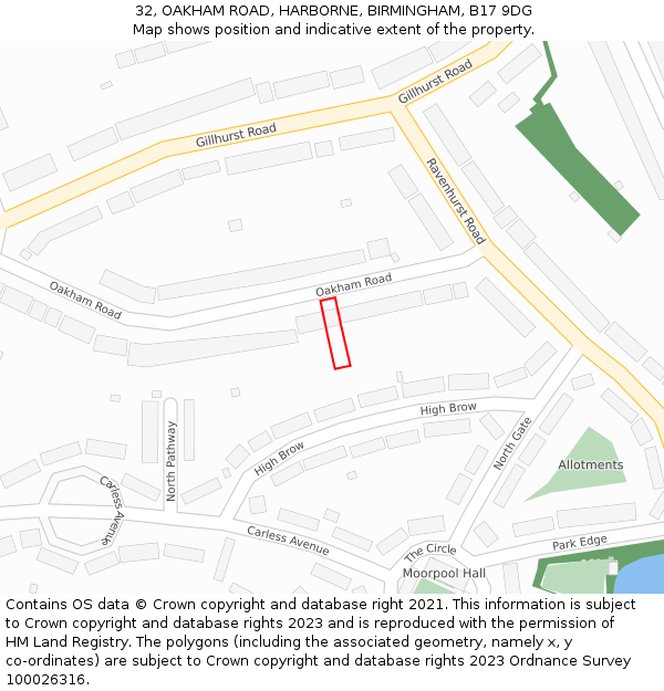 32, OAKHAM ROAD, HARBORNE, BIRMINGHAM, B17 9DG: Location map and indicative extent of plot
