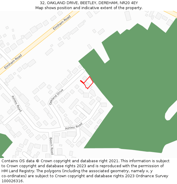 32, OAKLAND DRIVE, BEETLEY, DEREHAM, NR20 4EY: Location map and indicative extent of plot