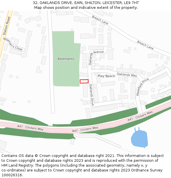 32, OAKLANDS DRIVE, EARL SHILTON, LEICESTER, LE9 7HT: Location map and indicative extent of plot