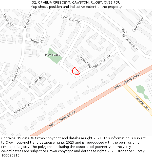 32, OPHELIA CRESCENT, CAWSTON, RUGBY, CV22 7DU: Location map and indicative extent of plot
