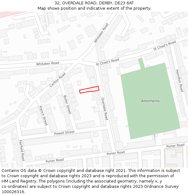 32, OVERDALE ROAD, DERBY, DE23 6AT: Location map and indicative extent of plot