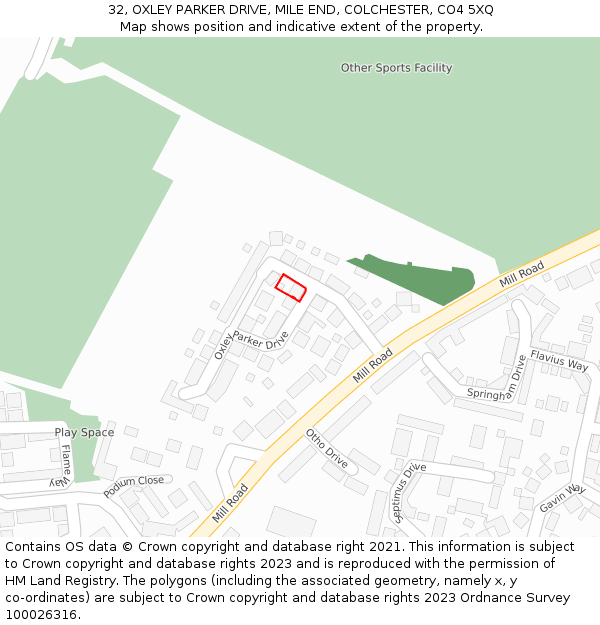 32, OXLEY PARKER DRIVE, MILE END, COLCHESTER, CO4 5XQ: Location map and indicative extent of plot