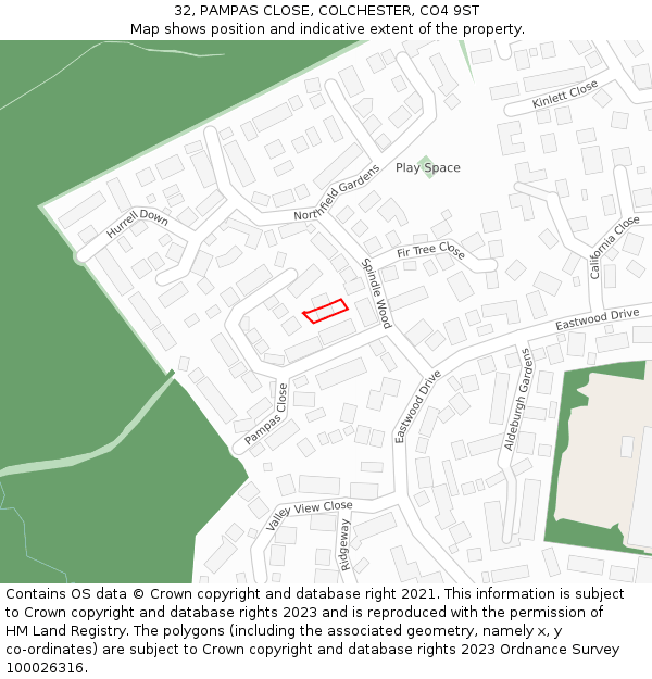 32, PAMPAS CLOSE, COLCHESTER, CO4 9ST: Location map and indicative extent of plot
