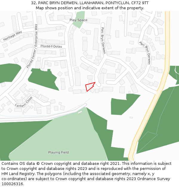 32, PARC BRYN DERWEN, LLANHARAN, PONTYCLUN, CF72 9TT: Location map and indicative extent of plot