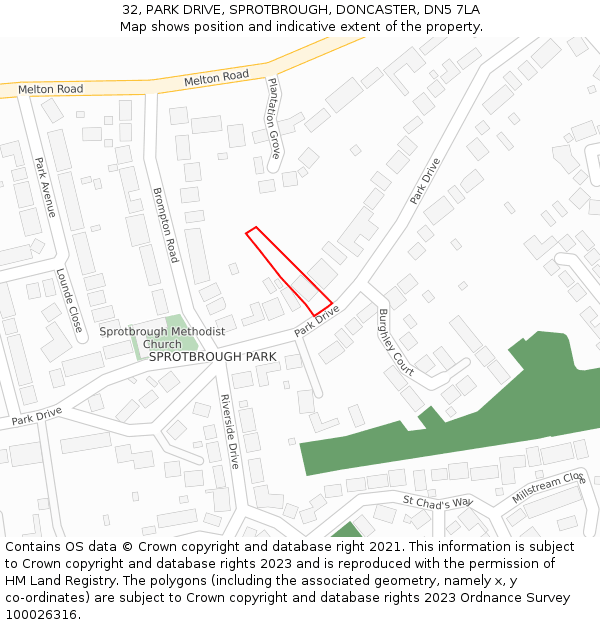 32, PARK DRIVE, SPROTBROUGH, DONCASTER, DN5 7LA: Location map and indicative extent of plot