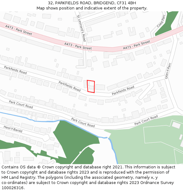 32, PARKFIELDS ROAD, BRIDGEND, CF31 4BH: Location map and indicative extent of plot
