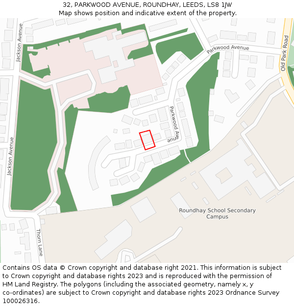 32, PARKWOOD AVENUE, ROUNDHAY, LEEDS, LS8 1JW: Location map and indicative extent of plot
