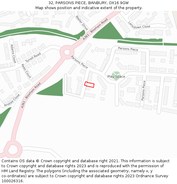 32, PARSONS PIECE, BANBURY, OX16 9GW: Location map and indicative extent of plot