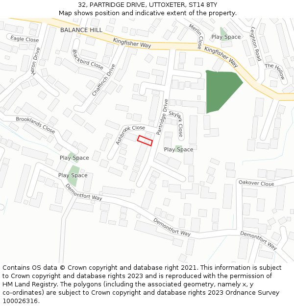 32, PARTRIDGE DRIVE, UTTOXETER, ST14 8TY: Location map and indicative extent of plot
