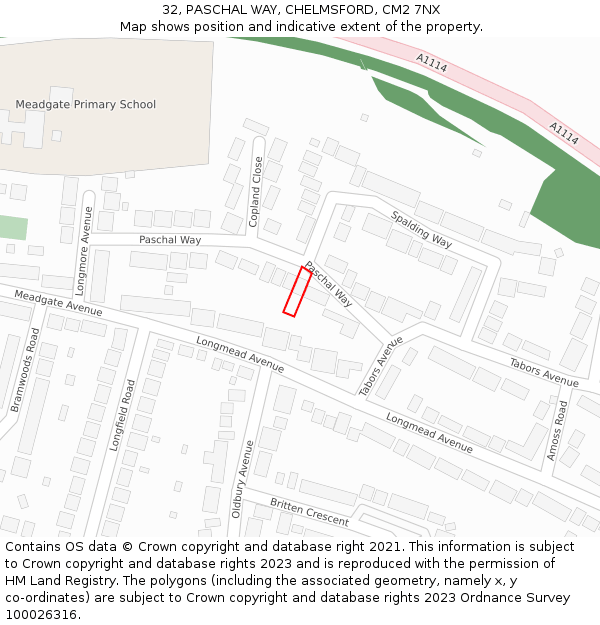 32, PASCHAL WAY, CHELMSFORD, CM2 7NX: Location map and indicative extent of plot