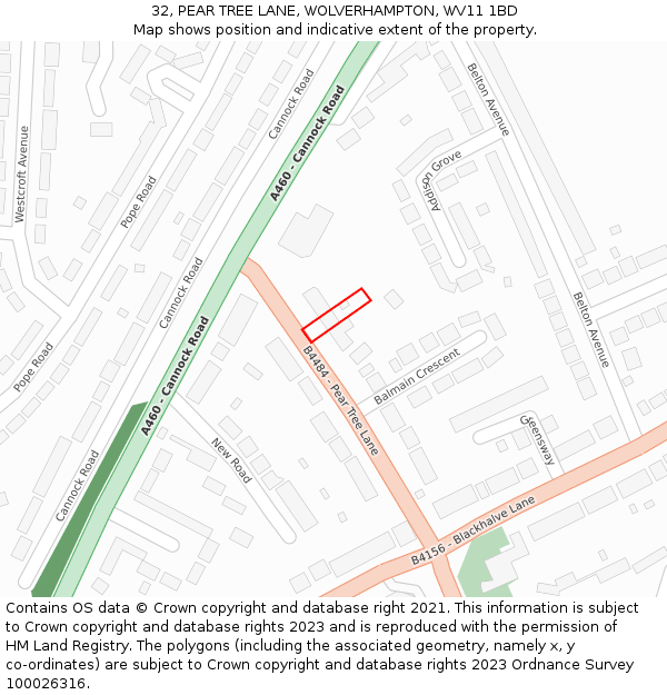 32, PEAR TREE LANE, WOLVERHAMPTON, WV11 1BD: Location map and indicative extent of plot