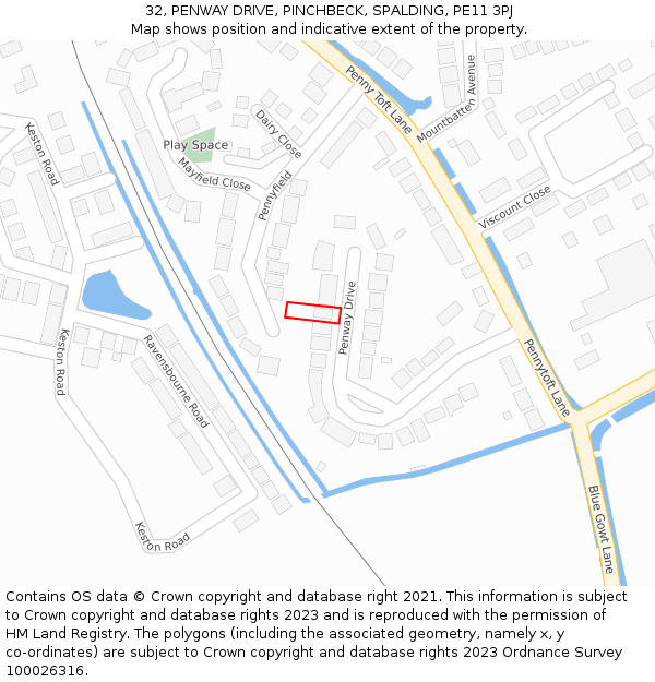 32, PENWAY DRIVE, PINCHBECK, SPALDING, PE11 3PJ: Location map and indicative extent of plot