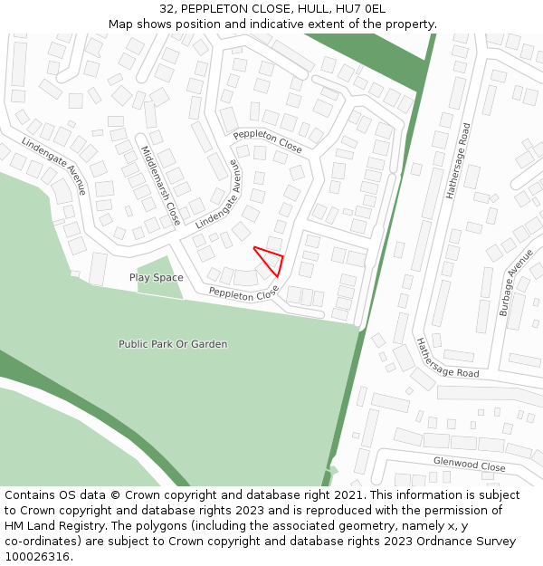 32, PEPPLETON CLOSE, HULL, HU7 0EL: Location map and indicative extent of plot