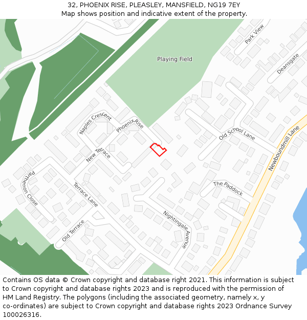 32, PHOENIX RISE, PLEASLEY, MANSFIELD, NG19 7EY: Location map and indicative extent of plot