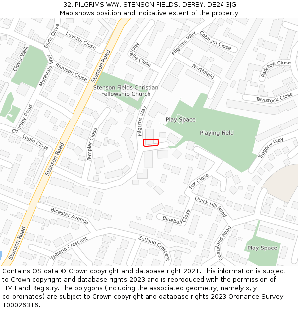 32, PILGRIMS WAY, STENSON FIELDS, DERBY, DE24 3JG: Location map and indicative extent of plot