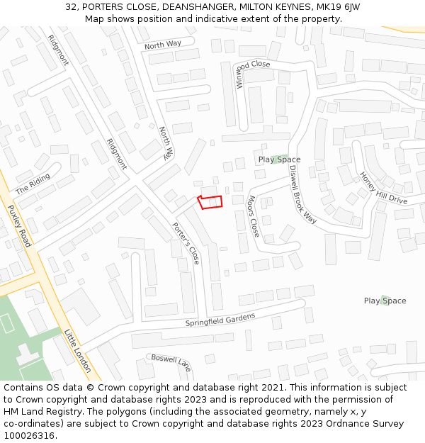 32, PORTERS CLOSE, DEANSHANGER, MILTON KEYNES, MK19 6JW: Location map and indicative extent of plot