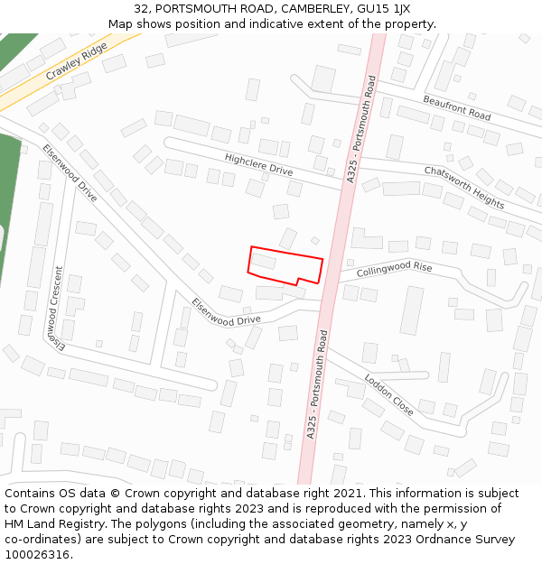 32, PORTSMOUTH ROAD, CAMBERLEY, GU15 1JX: Location map and indicative extent of plot
