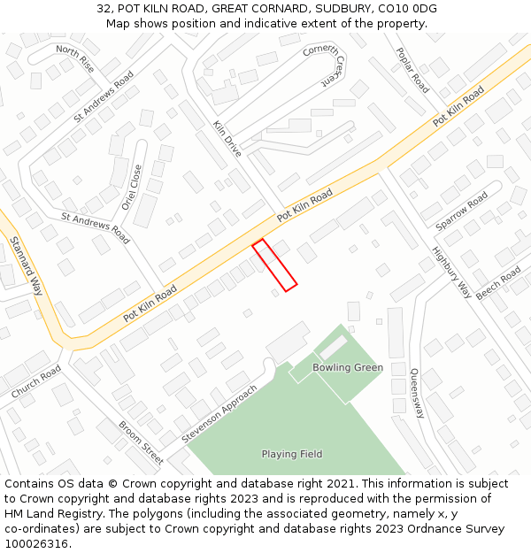 32, POT KILN ROAD, GREAT CORNARD, SUDBURY, CO10 0DG: Location map and indicative extent of plot