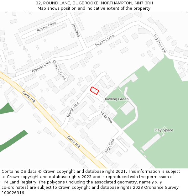 32, POUND LANE, BUGBROOKE, NORTHAMPTON, NN7 3RH: Location map and indicative extent of plot