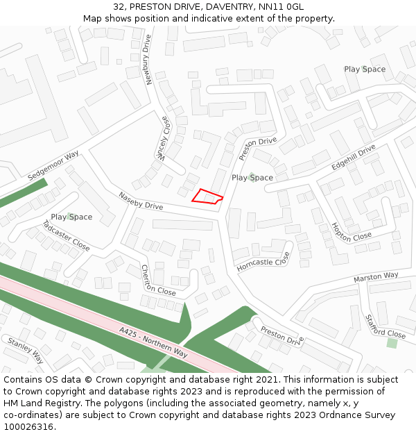32, PRESTON DRIVE, DAVENTRY, NN11 0GL: Location map and indicative extent of plot