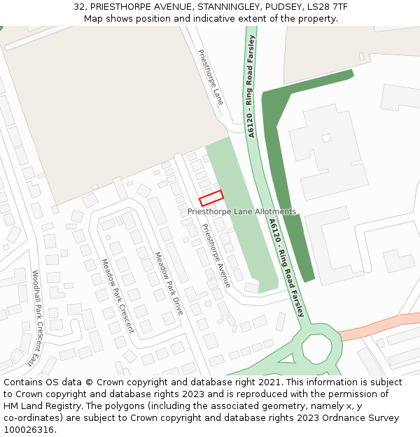 32, PRIESTHORPE AVENUE, STANNINGLEY, PUDSEY, LS28 7TF: Location map and indicative extent of plot