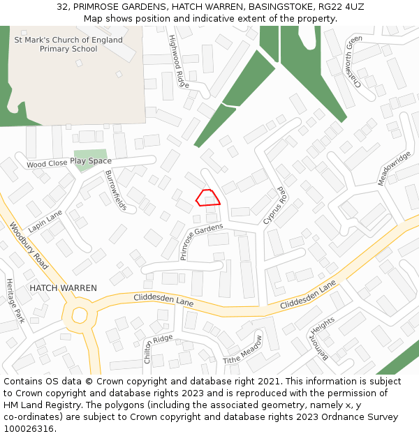 32, PRIMROSE GARDENS, HATCH WARREN, BASINGSTOKE, RG22 4UZ: Location map and indicative extent of plot