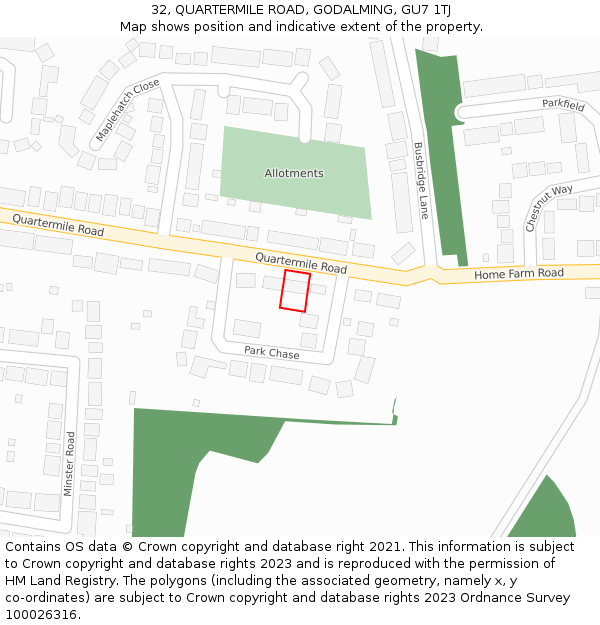 32, QUARTERMILE ROAD, GODALMING, GU7 1TJ: Location map and indicative extent of plot