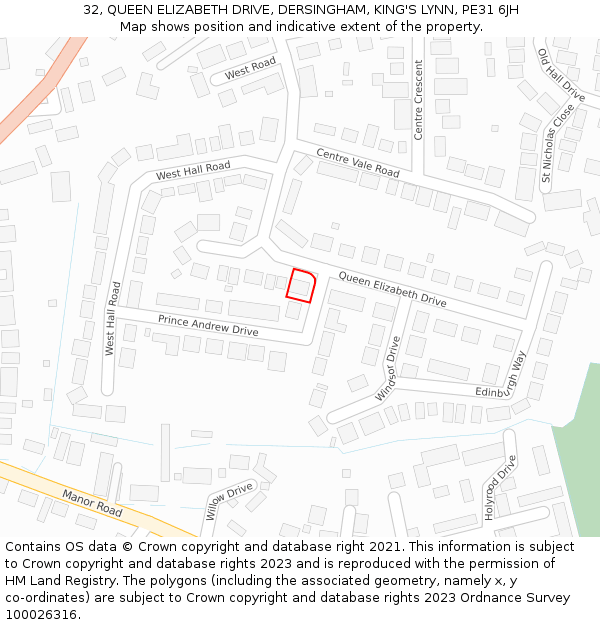 32, QUEEN ELIZABETH DRIVE, DERSINGHAM, KING'S LYNN, PE31 6JH: Location map and indicative extent of plot