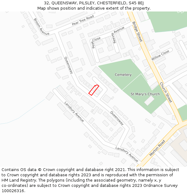 32, QUEENSWAY, PILSLEY, CHESTERFIELD, S45 8EJ: Location map and indicative extent of plot