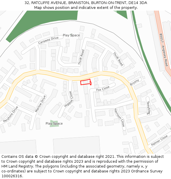 32, RATCLIFFE AVENUE, BRANSTON, BURTON-ON-TRENT, DE14 3DA: Location map and indicative extent of plot