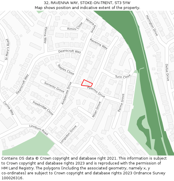 32, RAVENNA WAY, STOKE-ON-TRENT, ST3 5YW: Location map and indicative extent of plot