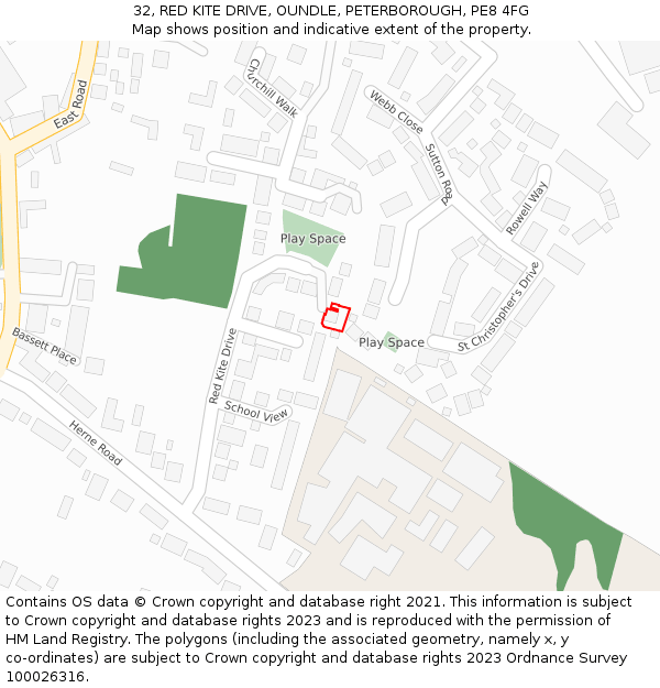 32, RED KITE DRIVE, OUNDLE, PETERBOROUGH, PE8 4FG: Location map and indicative extent of plot