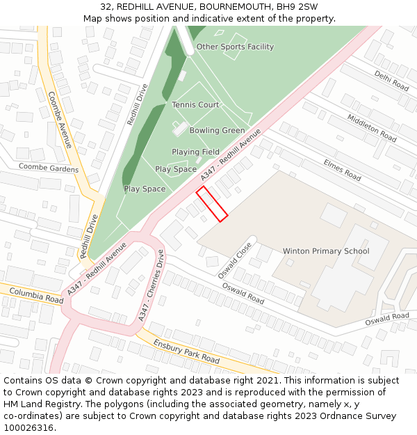 32, REDHILL AVENUE, BOURNEMOUTH, BH9 2SW: Location map and indicative extent of plot