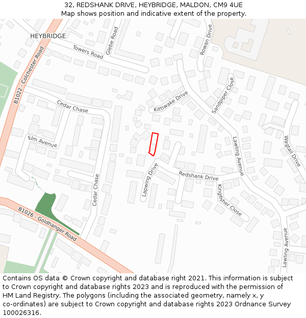 32, REDSHANK DRIVE, HEYBRIDGE, MALDON, CM9 4UE: Location map and indicative extent of plot