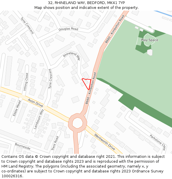 32, RHINELAND WAY, BEDFORD, MK41 7YP: Location map and indicative extent of plot