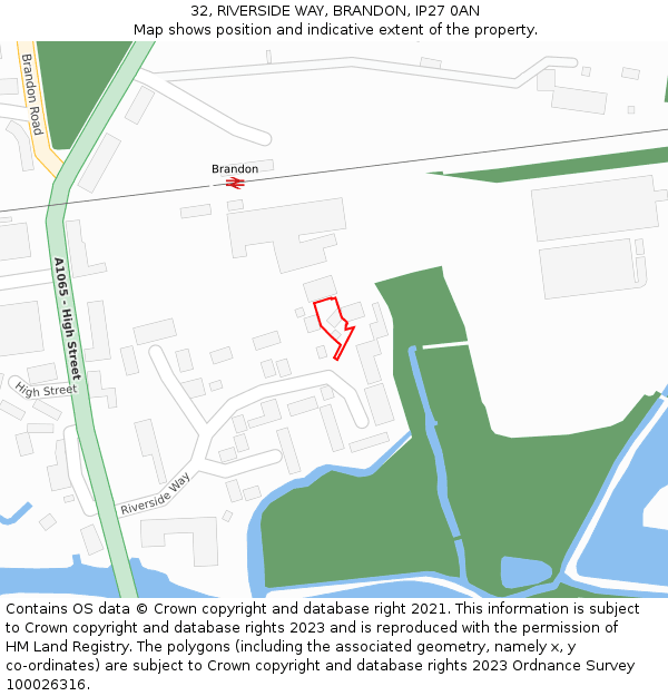 32, RIVERSIDE WAY, BRANDON, IP27 0AN: Location map and indicative extent of plot