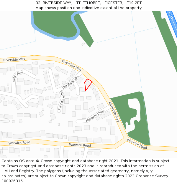 32, RIVERSIDE WAY, LITTLETHORPE, LEICESTER, LE19 2PT: Location map and indicative extent of plot