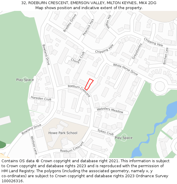 32, ROEBURN CRESCENT, EMERSON VALLEY, MILTON KEYNES, MK4 2DG: Location map and indicative extent of plot