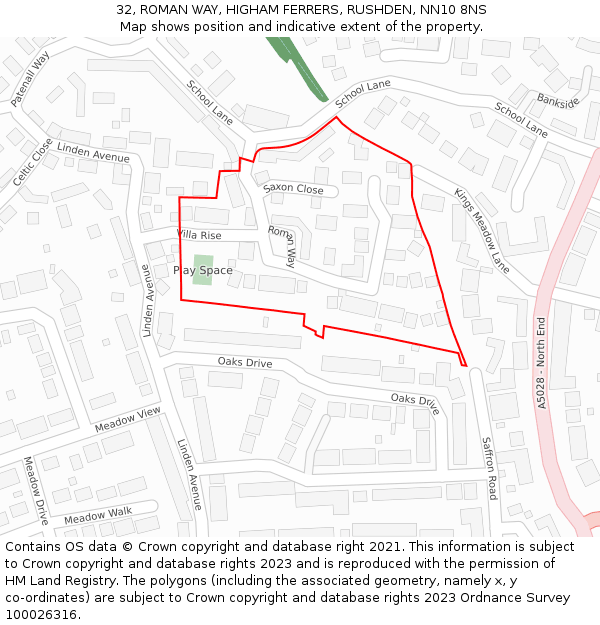 32, ROMAN WAY, HIGHAM FERRERS, RUSHDEN, NN10 8NS: Location map and indicative extent of plot