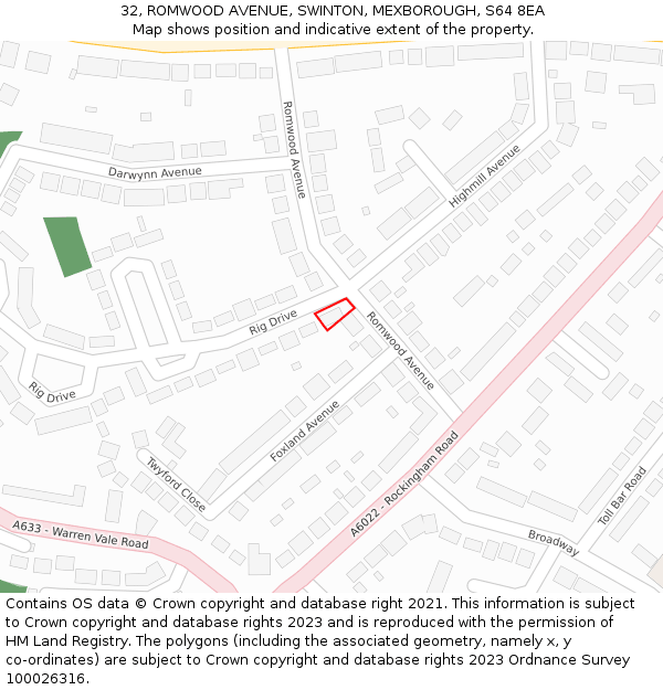 32, ROMWOOD AVENUE, SWINTON, MEXBOROUGH, S64 8EA: Location map and indicative extent of plot